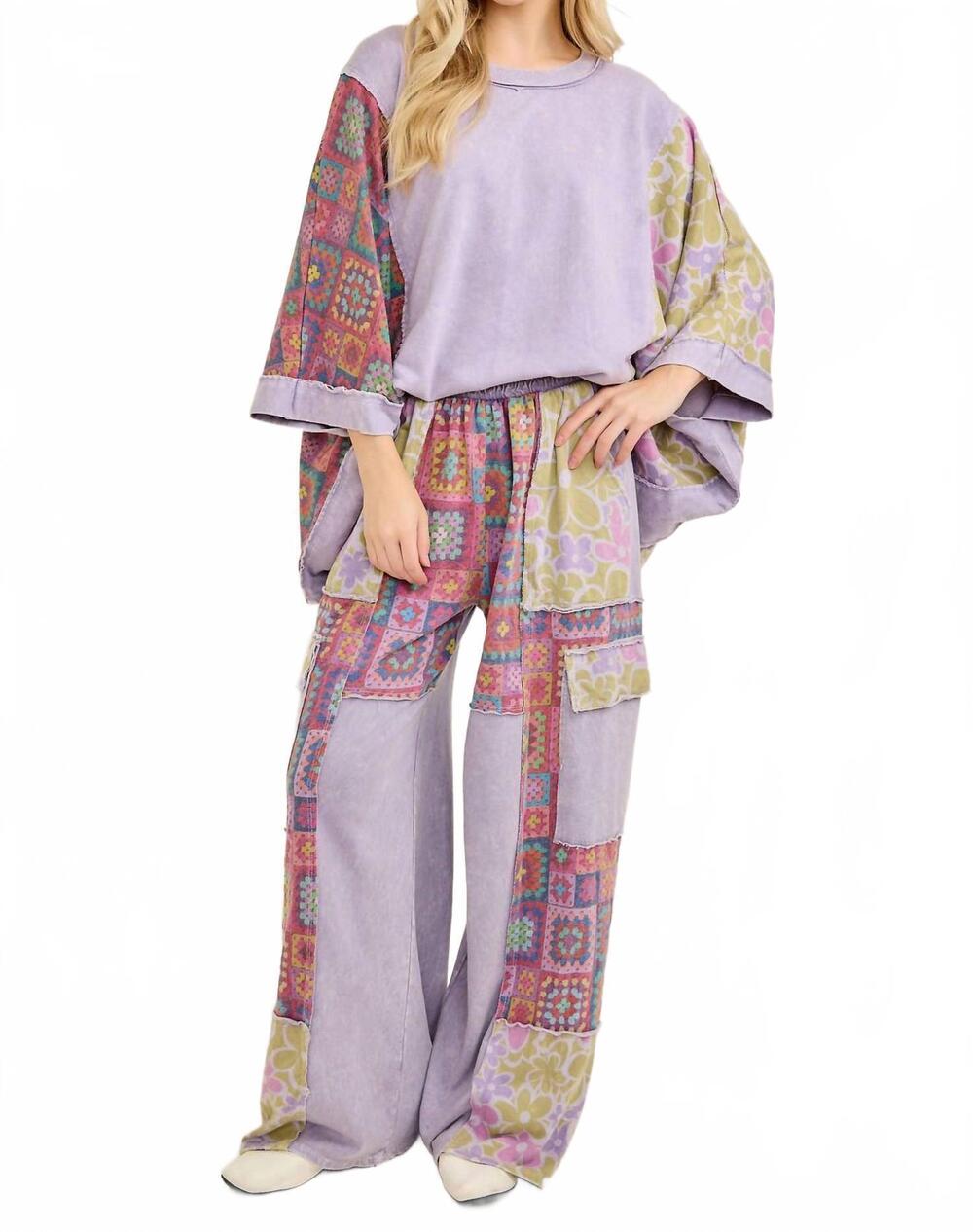 NEW J.HER mineral washed floral printed poncho style top and pant set in moonbea